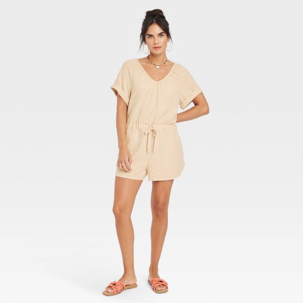 2 for $10!! Women's Short Sleeve Romper - Universal Thread Tan M